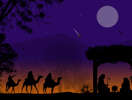 Christmas nativity scene with baby Jesus in the manger, Mary and Joseph in silhouette, three wise men or kings and star of Bethlehemのイラスト素材