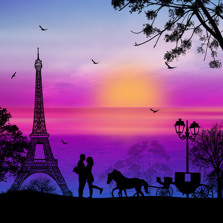 Carriage and lovers in Paris on blue sunset in front of full moon, romantic background, vector...