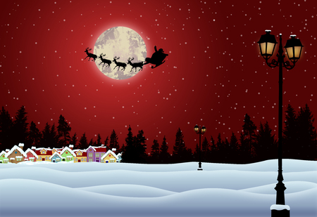 Santa's sleigh in front of full moon in beautiful snowy landscape on red night, vector illustrationのイラスト素材