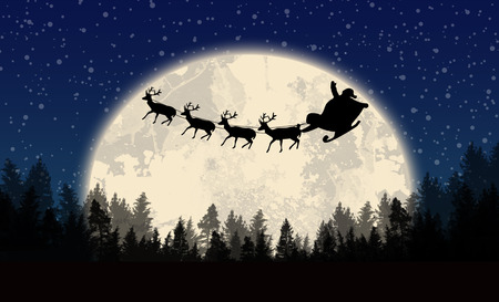 Santa's sleigh in front of full moon on beautiful blue night, vector illustrationのイラスト素材