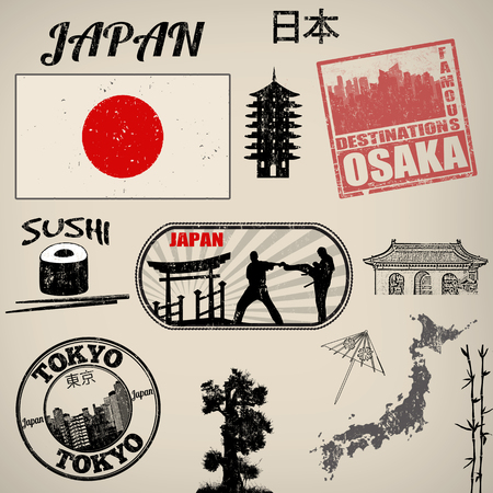 Set of grunge stamps with Japan on vintage background, vector illustrationのイラスト素材