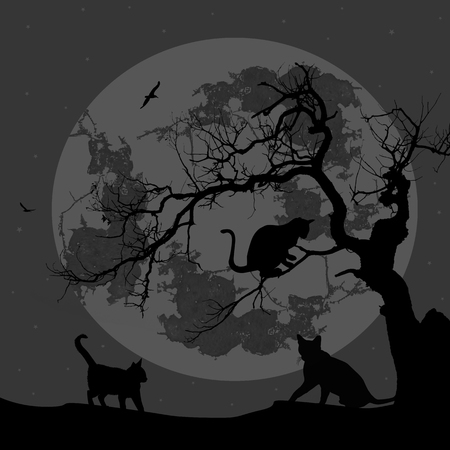 Cats and tree silhouettes in a dark nigth, vector illustrationのイラスト素材
