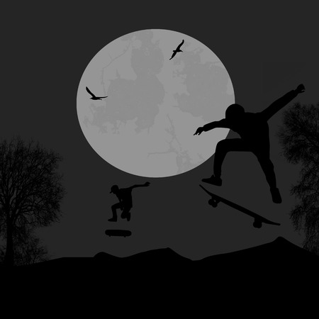 Skater silhouettes on park on grey night, vector backgroundのイラスト素材