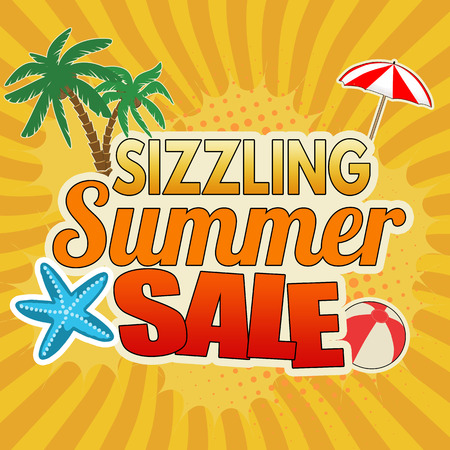 Sizzling summer sale advertising poster design on orange background, vector illustration