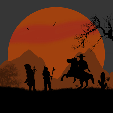 Cowboy and native american indians on wild west at sunset, background illustrationのイラスト素材