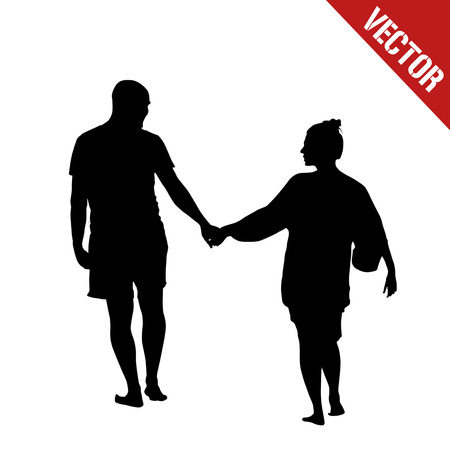 Couple of young people walking barefoots on white background, vector illustrationのイラスト素材