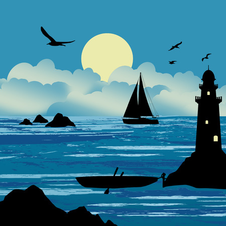 Beautiful seascape with boats and lighthouse on a cloudy day, vector illustrationのイラスト素材