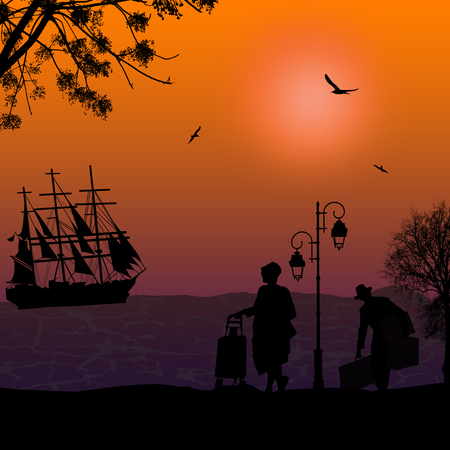 Silhouette of a ship at the sea and travelers people at beautiful sunset, vector illustrationのイラスト素材