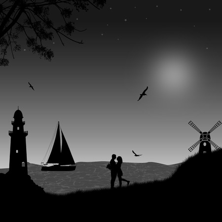 Romantic couple on the beach in beautiful seascape near the ocean, vector illustrationのイラスト素材