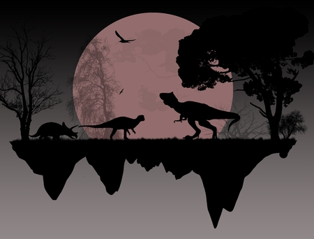 Dinosaurs Silhouettes - Tyrannosaurus T-Rex and Triceratops, in front a full moon, vector illustrationのイラスト素材