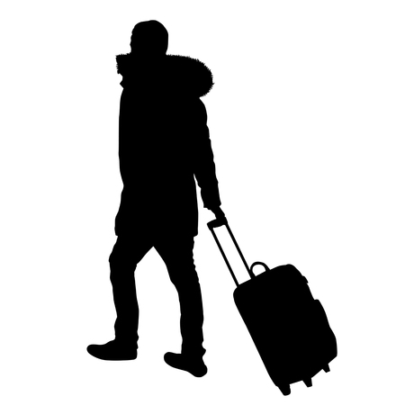 Traveler silhouette with trolley on white background, vector illustrationのイラスト素材