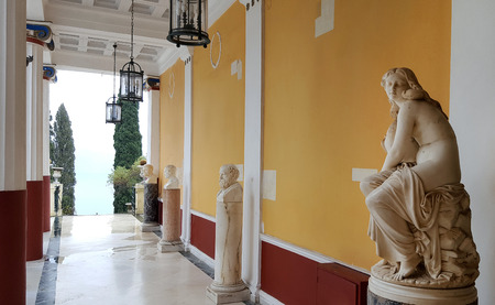 CORFU, GREECE- January 21, 2018: Statues on terrace of the Achilleion princess Sissy's palace in...