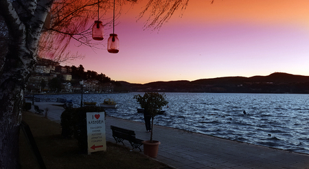 KASTORIA, GREECE- January 18, 2018. Beautiful view of Kastoria town and the famous Orestiada lake...