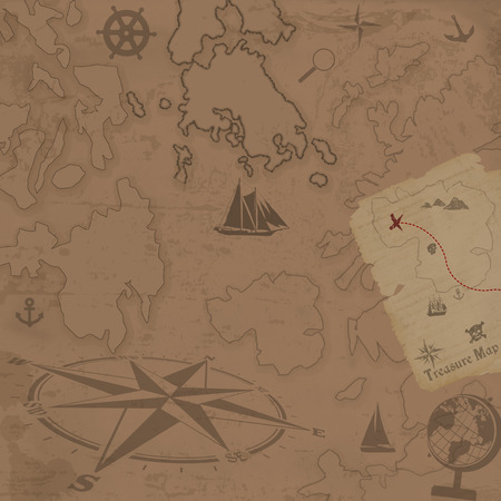 Retro style treasure map background with nautical icons, vector illustrationのイラスト素材