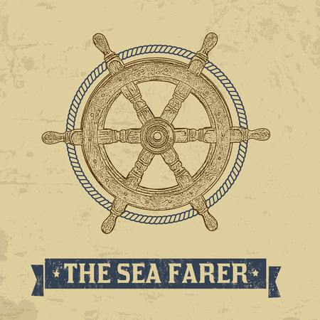 The sea farer concept. Nautical helm wheel with rope on retro background, vector illustrationのイラスト素材