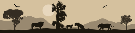 Lions silhouette on african savannah landscape , vector illustrationのイラスト素材