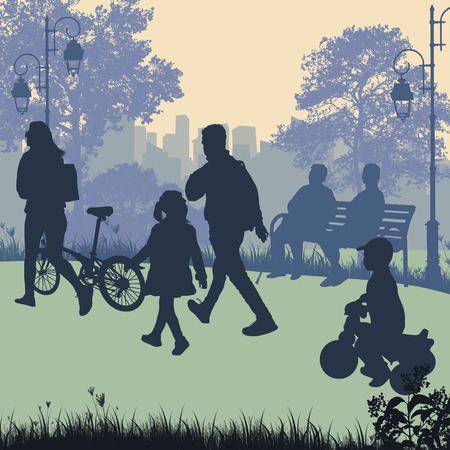 People in a city park silhouettes, vector illustrationのイラスト素材