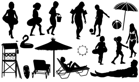 People on the beach vector silhouettes on white backgroundのイラスト素材