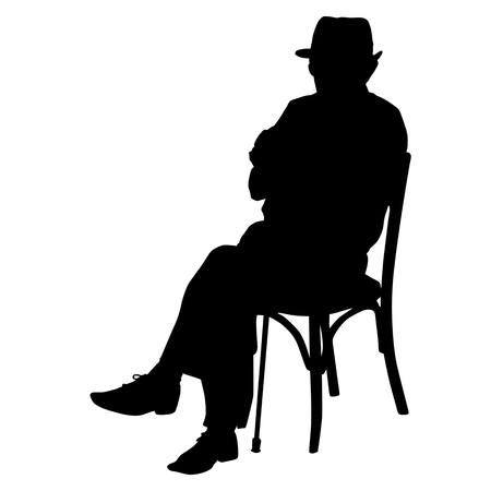 Silhouette of an old man with a cane sitting on a chair on white background, vector illustrationのイラスト素材