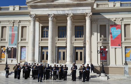 Athens, Greece - November 21, 2018 : Military brass band playing music in front of the building of Municipal Theatre Of Piraeusのeditorial素材