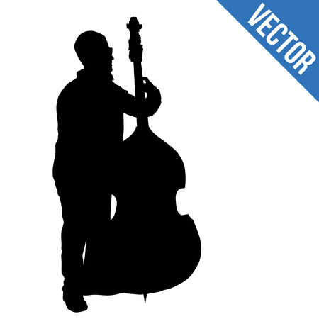 Man silhouette playing double bass on white background, vector illustrationのイラスト素材