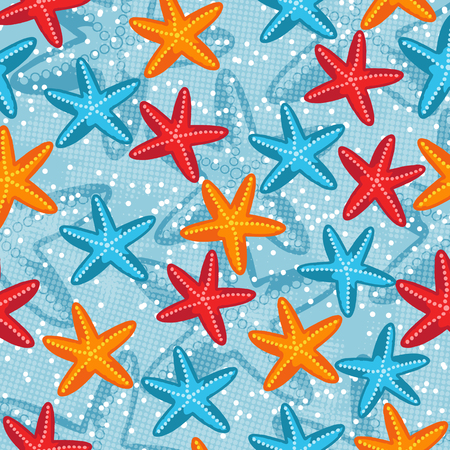 Summer seamless pattern with starfish on blue background, vector illustrationのイラスト素材