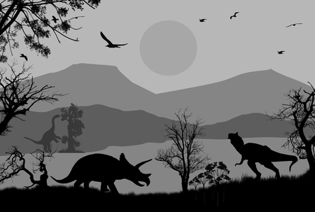 Dinosaurs silhouettes in beautiful landscape, vector illustrationのイラスト素材
