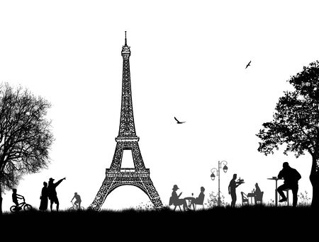 Beautiful landscape design with Eiffel Tower and people silhouettes on white background, vector...