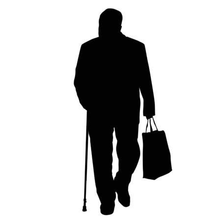 Old man silhouette with stick and shopping bag on white background, vector illustrationのイラスト素材