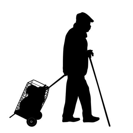 Old man silhouette with stick and bags on a white background, vector illustrationのイラスト素材
