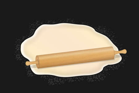 Rolling pin and pastry dough with flour on dark background. Concept design for baking, pizza or bread vector illustrationのイラスト素材