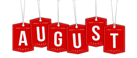 August tag on red hanging labels on white background, vector illustrationのイラスト素材
