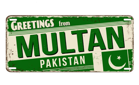 Greetings from Multan vintage rusty metal sign on a white background, vector illustrationのイラスト素材