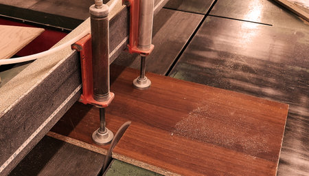 Industrial tool in wood factory, circular blade with a wood boardの写真素材