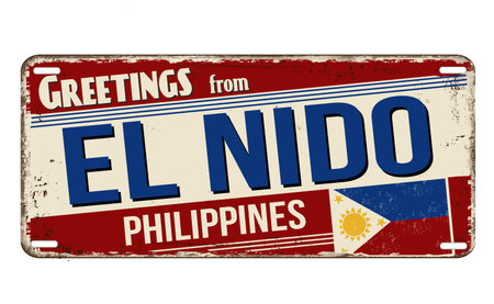 Greetings from El Nido vintage rusty metal sign on a white background, vector illustrationのイラスト素材