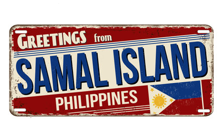Greetings from Samal Island vintage rusty metal sign on a white background, vector illustrationのイラスト素材