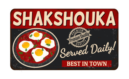 Shakshouka vintage rusty metal sign on a white background, vector illustrationのイラスト素材