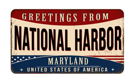 Greetings from National Harbor vintage rusty metal sign on a white background, vector illustrationのイラスト素材
