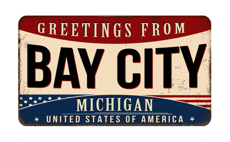 Greetings from Bay City vintage rusty metal sign on a white background, vector illustrationのイラスト素材