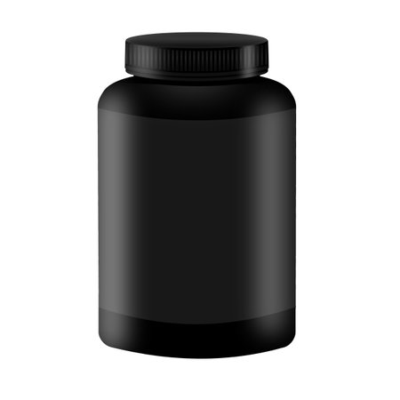 Black pill bottle mockup isolated on white background, vector illustrationのイラスト素材