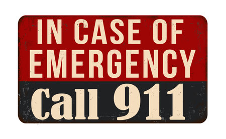 In case of emergency call 911 vintage rusty metal sign on a white background, vector illustrationのイラスト素材