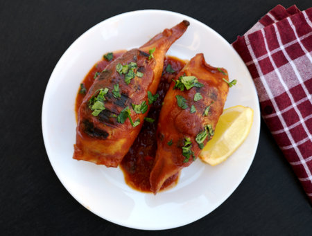 A plate of tasty grilled stuffed squid in tomato sauceの写真素材
