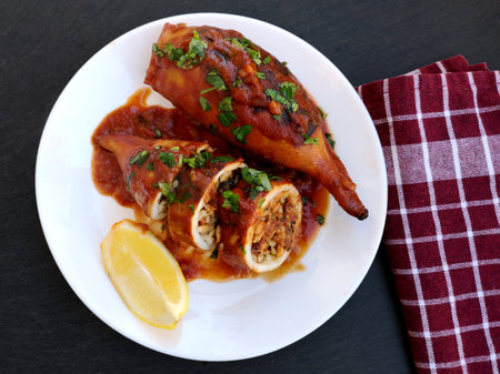 A plate of tasty squid stuffed with rice and vegetables in tomato sauceの写真素材
