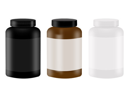 Set of black and white plastic bottles for pills. Vector illustration.のイラスト素材