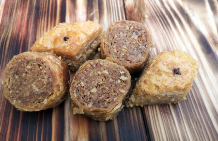 Baklava, delicious pastry dessert on a wooden table (Greek cuisine)の写真素材
