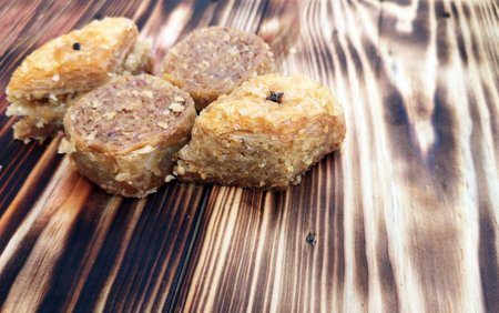 Baklava, delicious pastry dessert on a wooden table (Greek cuisine)の写真素材