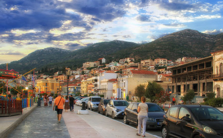 Beautiful sunset of Vathy town on Samos island, Greeceの写真素材