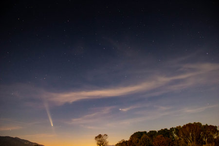 Comet above Olympus mountain in Greece right before sunset