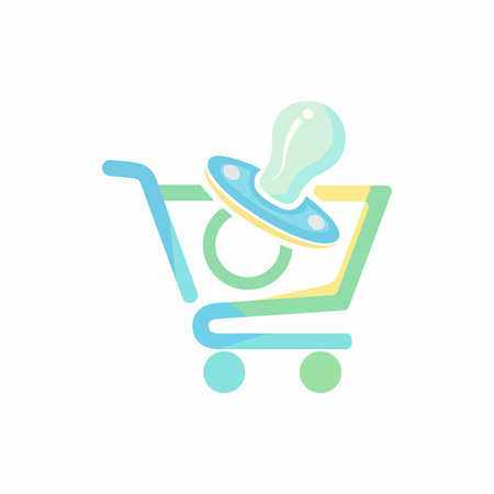 Charming flat design vector illustration of a baby pacifier resting in a colorful shopping cart, evoking themes of parenting, baby products, and retail shopping with a playful pastのイラスト素材