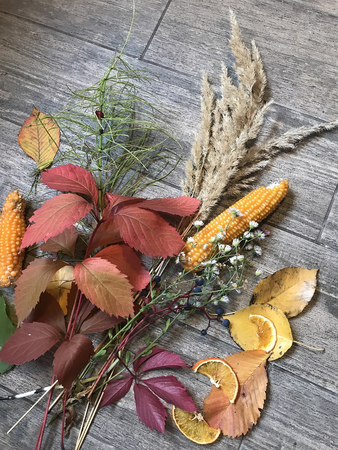 autumn still life with corn and leaves